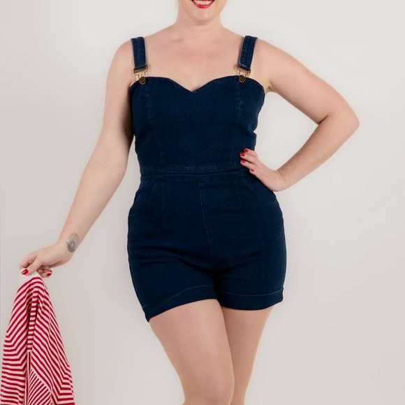 Collectif London Black Denim Overall Shorts, Sweetheart Neckline Pinup Playsuit - Picture 7 of 7